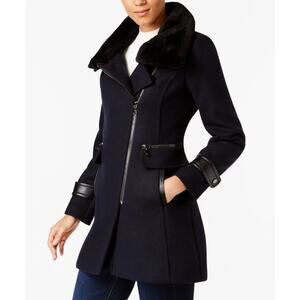 Trina Turk Navy Wool Leather Shearling Trim Coat $545 Sz 6 S Old Money Designer
